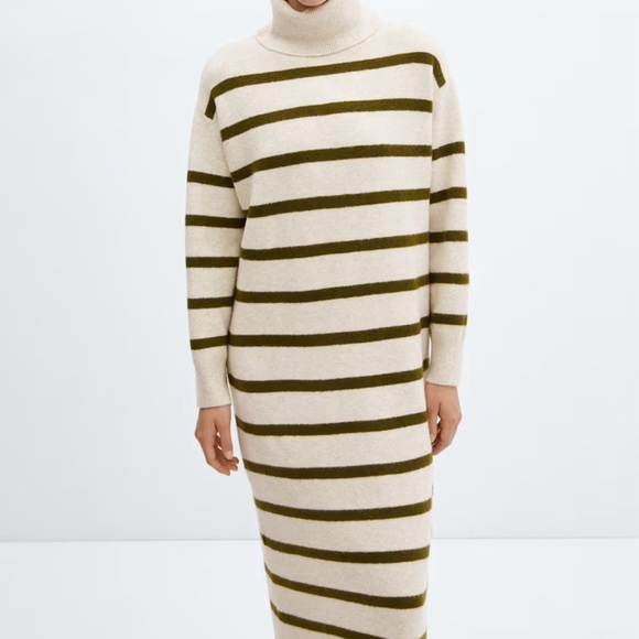 MANGO Knitted Turtleneck Sweater Dress Green Stripe Size 0 - Picture 1 of 4